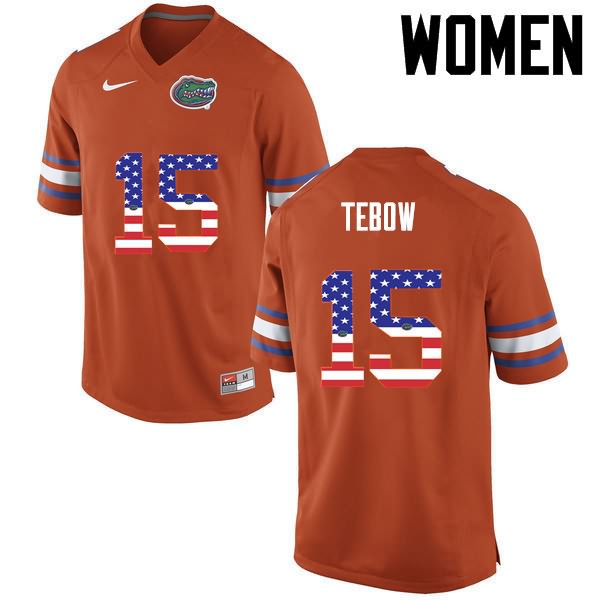 Women's NCAA Florida Gators Tim Tebow #15 Stitched Authentic USA Flag Fashion Nike Orange College Football Jersey JSP7465UO